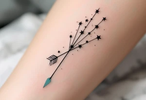 A simple Sagittarius design with black stars connected by fine white lines, hovering above a faded turquoise arrow. tattoo idea