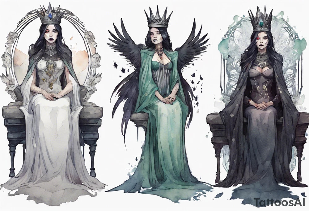 a Visgoth queen wearing a simple iron crown, wearing a feather cloak, sitting on a simple stone throne tattoo idea