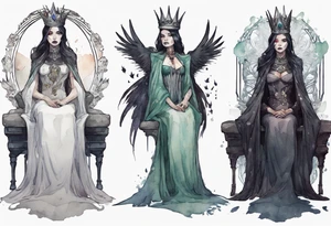 a Visgoth queen wearing a simple iron crown, wearing a feather cloak, sitting on a simple stone throne tattoo idea