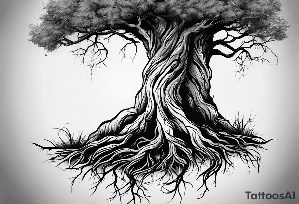 A Tattoo of a slim tree. Tree roots starting from my toes and growing upwards onto my leg and ending at my knee tattoo idea