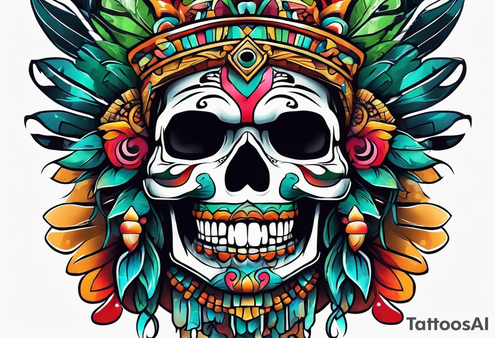 Colorful mayan skull with mouth as cave with water coming out tattoo idea