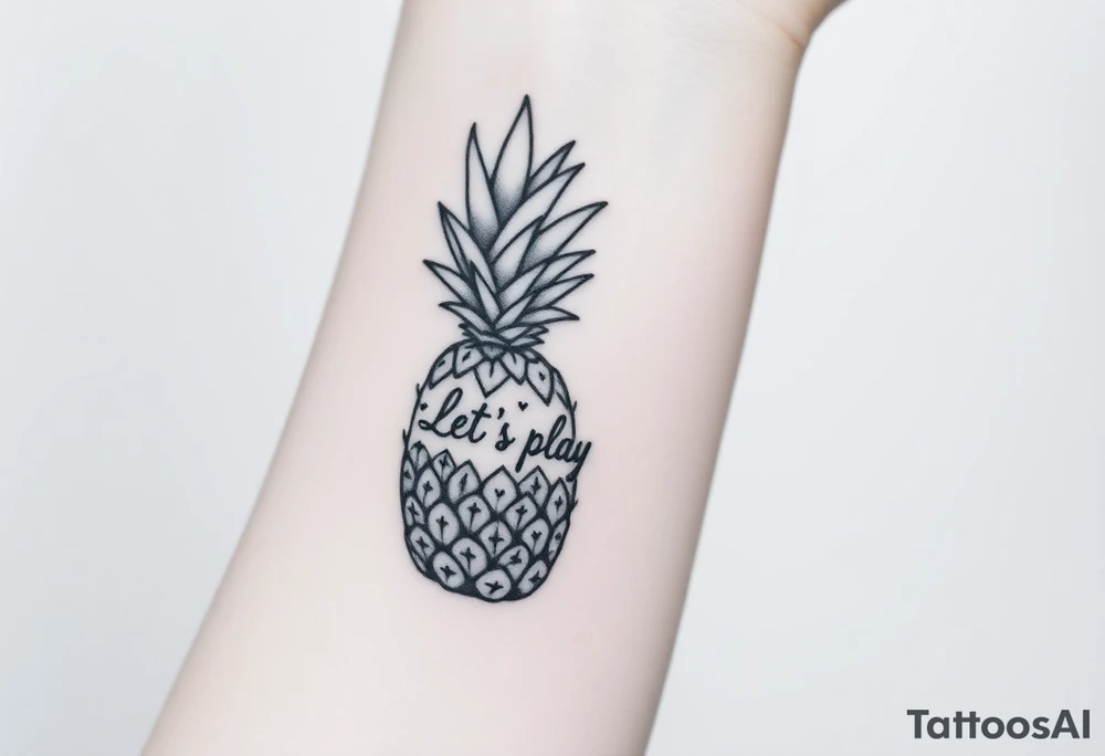 A black ink wrist tattoo featuring a realistic yet minimalistic pineapple. The pineapple is finely detailed with clean, precise lines, capturing the natural texture of the fruit while keeping the design subtle and uncluttered. Inside the body of the pineapple, the phrase "Let's play" is clearly placed in a bold but not overly thick font, ensuring readability while maintaining balance with the overall design. The leaves of the pineapple have a fine-line style with slight variations in thickness for a natural feel. The tattoo blends fine details with subtle bold elements, creating a clean and modern aesthetic. tattoo idea