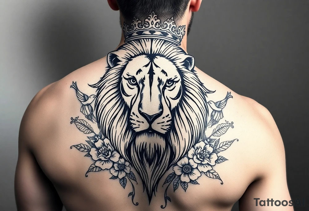 powerful majestic lion with a crown, surrounded by floral ornaments and birds tattoo idea