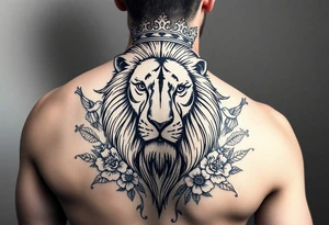 powerful majestic lion with a crown, surrounded by floral ornaments and birds tattoo idea