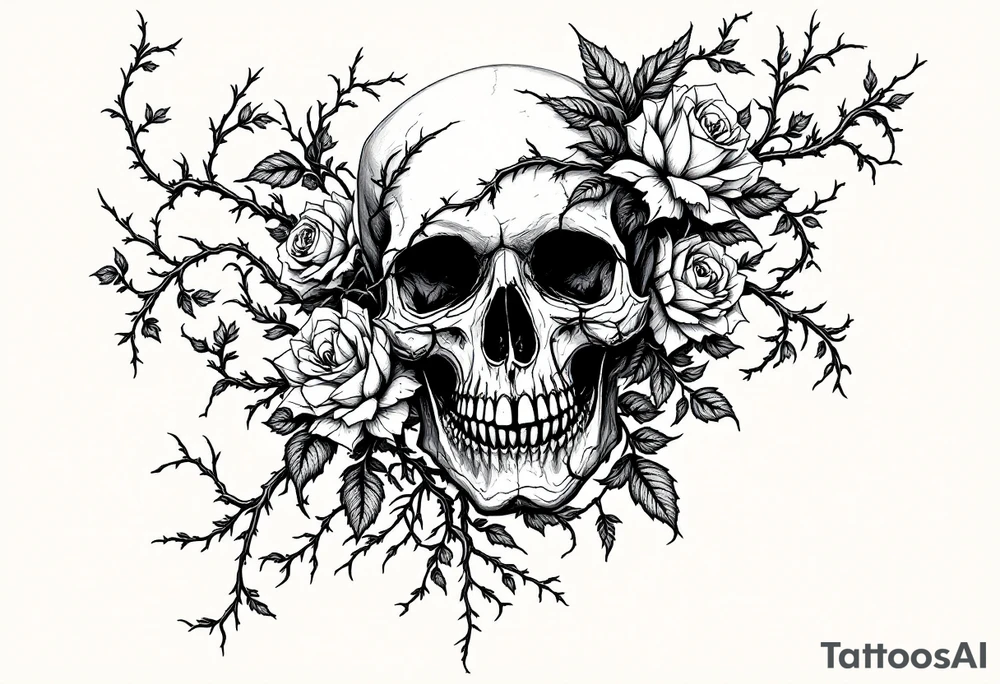 gothic skull intertwined with climbing roses and thorny vines tattoo idea