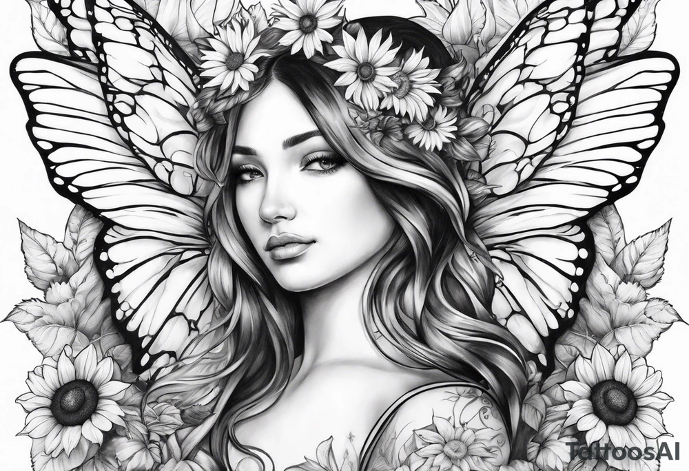 Sleeve with angel wings, sunflower and butterfly tattoo idea