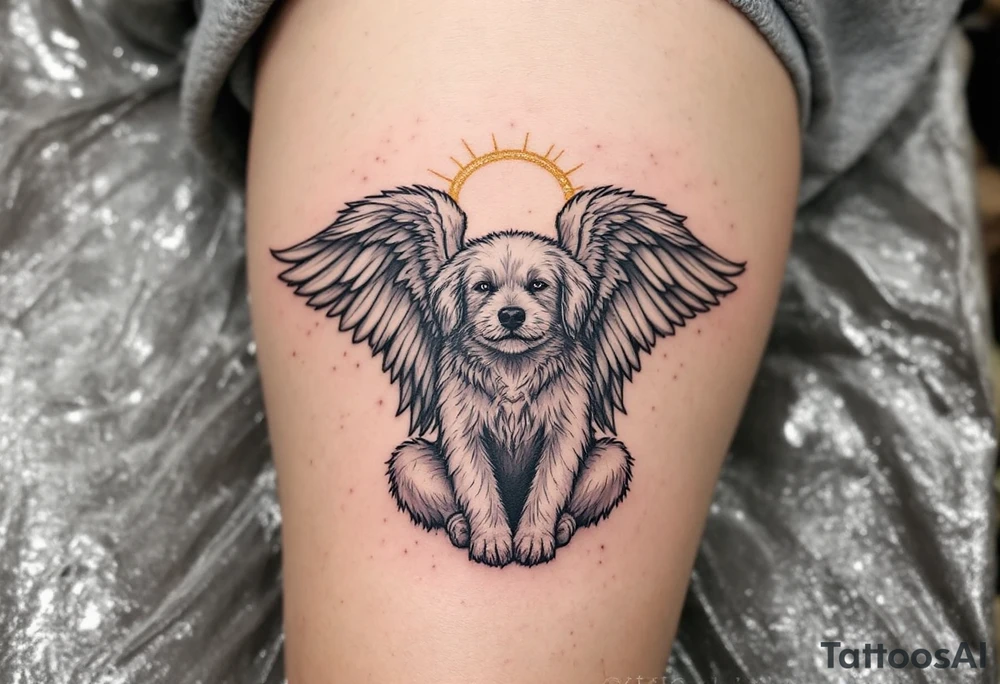 Angel Stafford Tribute – A Stafford with soft white wings and a golden halo, sitting peacefully, ideal as a memorial tattoo. tattoo idea