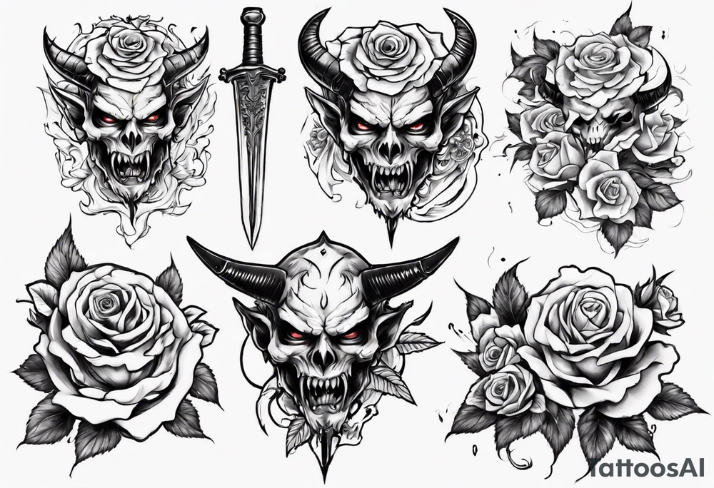 Demon with roses and sword tattoo idea
