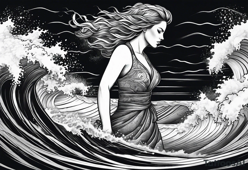 stormy sea waves, full-length woman in the middle of the storm tattoo idea