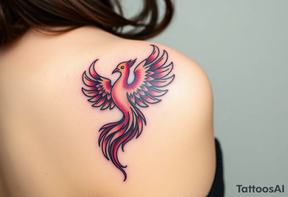 Phoenix rising from the ashes with the colors red, pink, orange and purple. Size 3 cm wide and 5 cm high tattoo idea