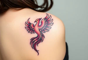 Phoenix rising from the ashes with the colors red, pink, orange and purple. Size 3 cm wide and 5 cm high tattoo idea
