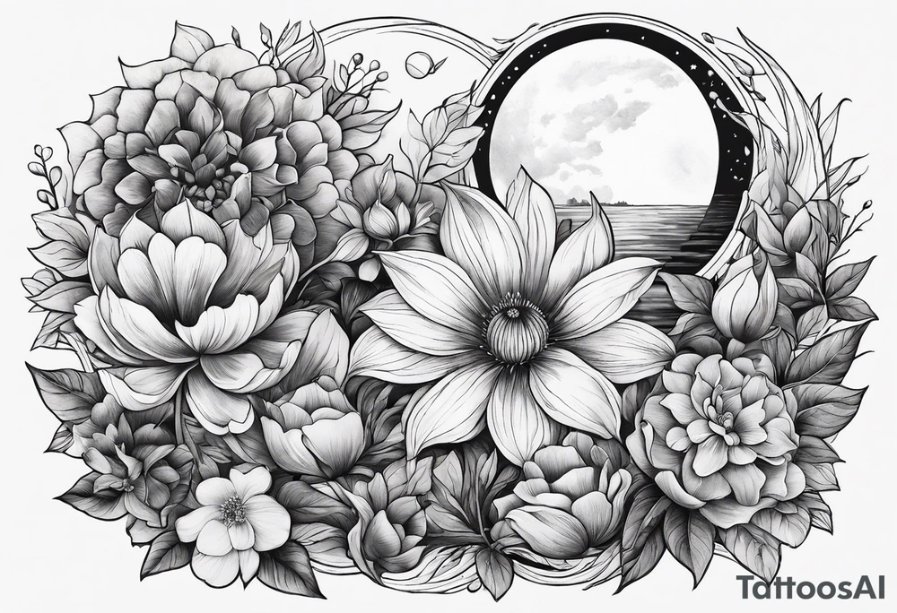 Secret, hidden garden, flowers, lake, daylight moon, more flowers tattoo idea