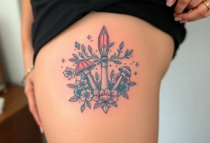 psychedelic  tattoo with crystals and  flowers and mushrooms bugs tattoo idea