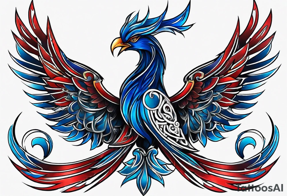 Blue and red Phoenix in a triquetra tattoo idea