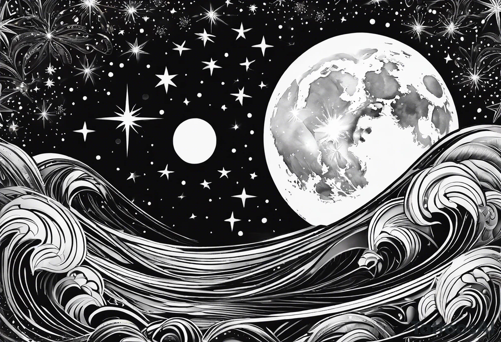 mezcla de sol luna y mar con estrellas brillantes, sin bordes, sencillo tattoo idea