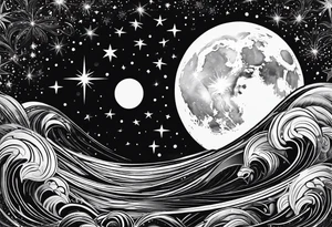 mezcla de sol luna y mar con estrellas brillantes, sin bordes, sencillo tattoo idea
