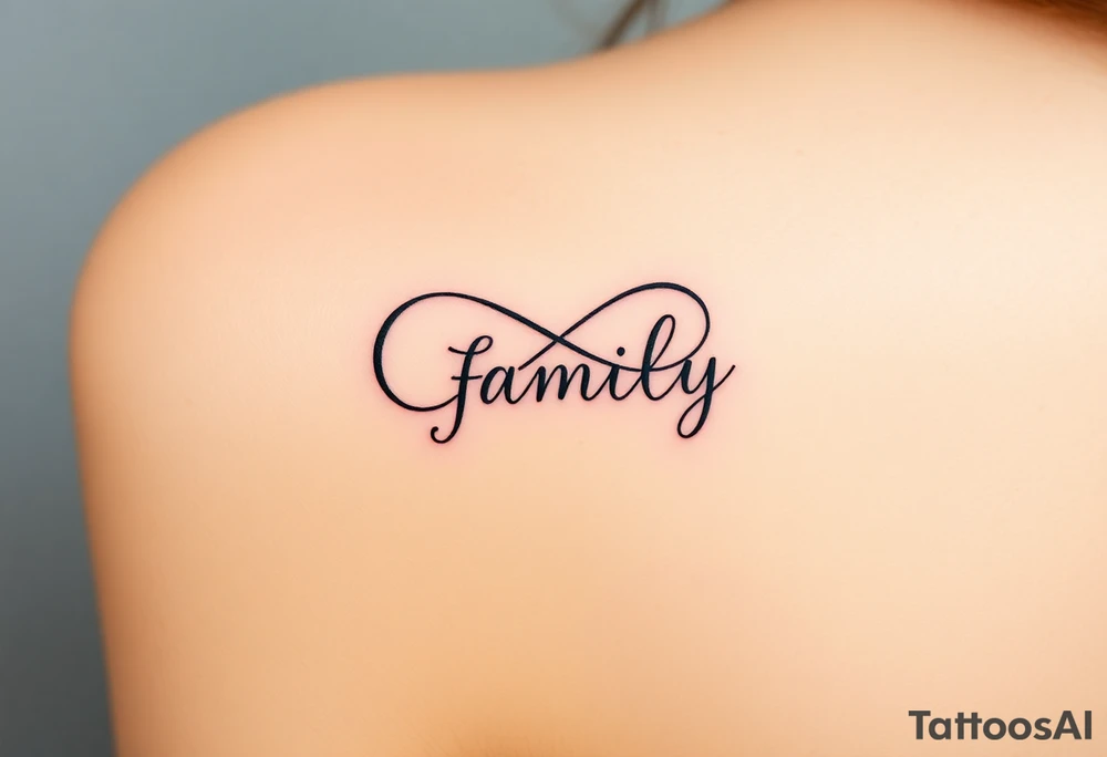 A flowing infinity symbol intertwined with the word "family" written in elegant cursive, symbolizing endless love and connection tattoo idea