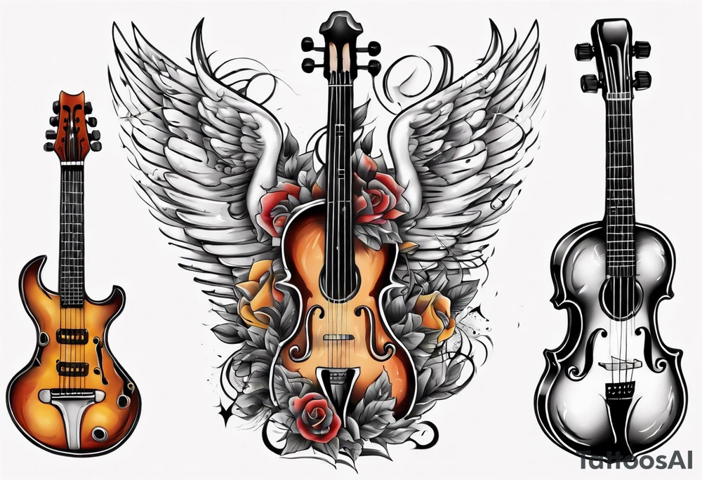 GUITAR LEANING AGAINST A VIOLIN WITH WINGS tattoo idea