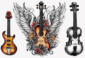 GUITAR LEANING AGAINST A VIOLIN WITH WINGS tattoo idea