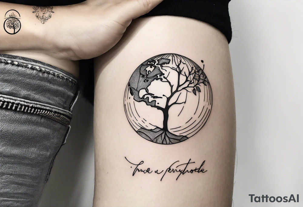 minimalistic, fine line tattoo, very few lines only, showing a globe growing out of a tree stem while leaving out the leaves of the tree, symbolizing the love for traveling and experiencing the world and new cultures but not forgetting about the roots of family and friends who I am very grateful for tattoo idea