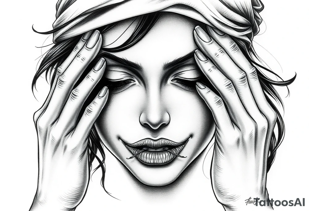 Black and grey realism tattoo design of a beautiful woman's face. Both her eyes  closed  (see no evil), her lips are stiched shit like sown with needle and thread like nightmare befire christmas (speak no evil). With her right hand covering her right ear and the left covering  Her left ear The style is black and grey realism, hyper-realistic, dark, and evil. Incorporate ninja gear elements and mechanical details (gears) subtly into the background or clothing for a gear ninja evil look. Design for a full forearm sleeve placement tattoo idea