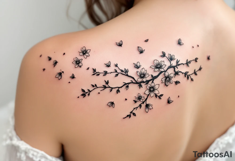 delicate cherry blossoms swirling in spring breeze with petals tattoo idea