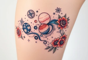 Milky way galaxy with planets with zodiac symbols and protection runes with red roses and sunflowers tattoo idea