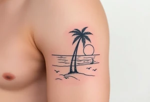 fine line, peaceful, serene, timeless, ocean, sand, palm tree, seagulls, sun tattoo idea