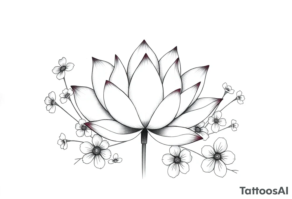 Lotus flower surrounded by forget me nots and peonies tattoo idea