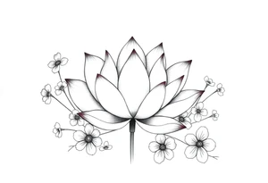 Lotus flower surrounded by forget me nots and peonies tattoo idea