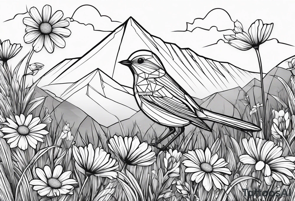 Geometric small bird in a grass and daisy field with Mountain View behind tattoo idea