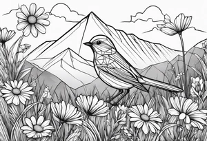 Geometric small bird in a grass and daisy field with Mountain View behind tattoo idea