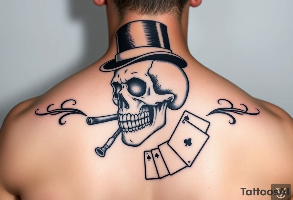 skull with mustache, cigar in his mouth,top-hat on his head and playing cards in his hand. tattoo idea