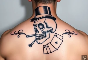 skull with mustache, cigar in his mouth,top-hat on his head and playing cards in his hand. tattoo idea