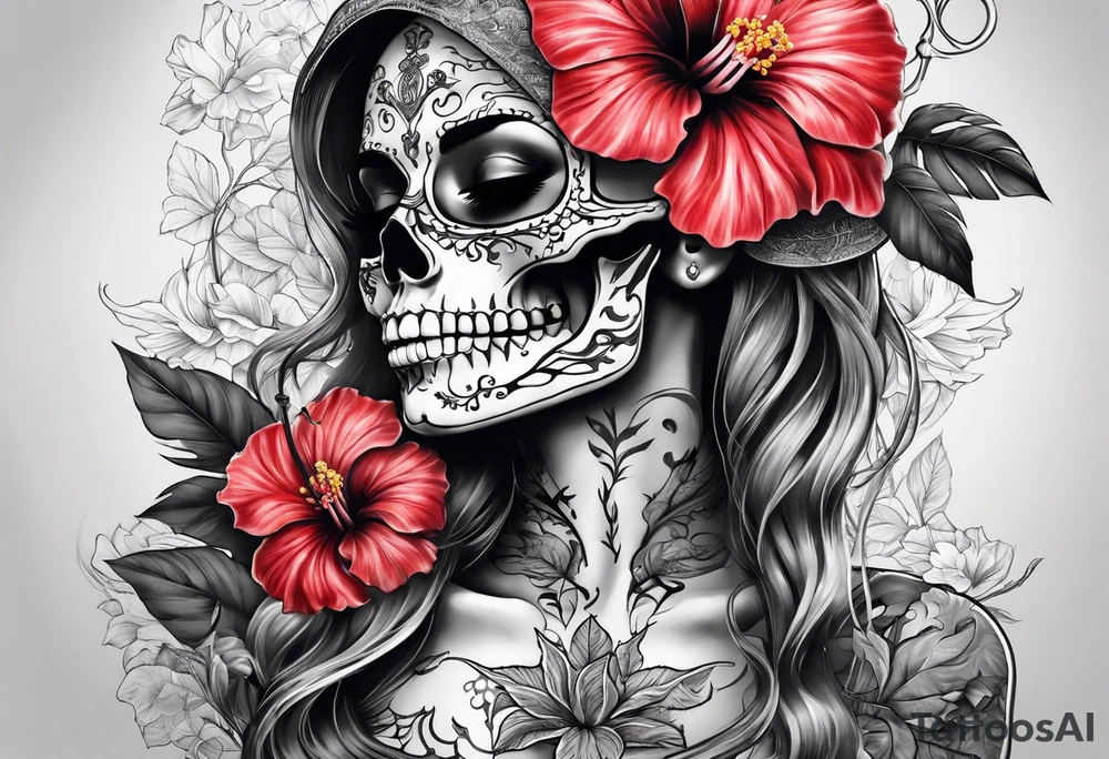 femmale skeleton with hibiscus tattoo idea