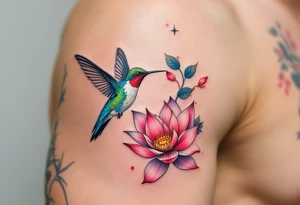 A Hummingbird Drinking from a Lotus Flower (only red, blue and black are possible colors) tattoo idea