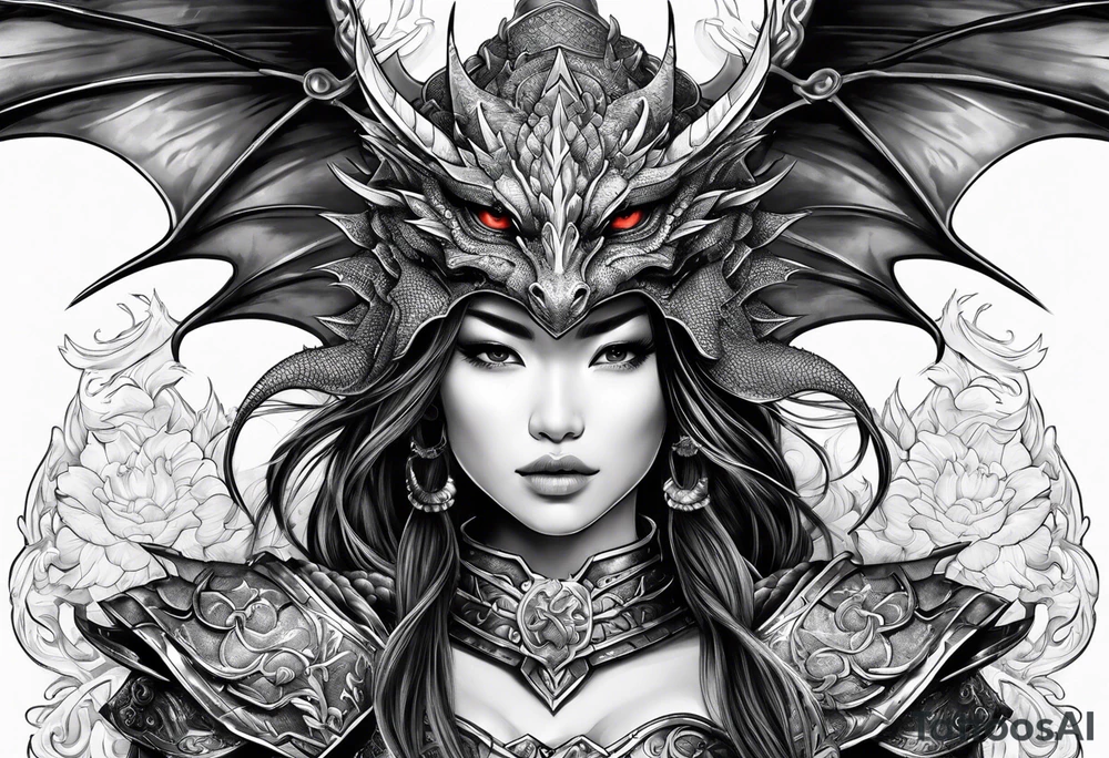 beautiful warrior woman wearing dragon armor and a dragon flying tattoo idea