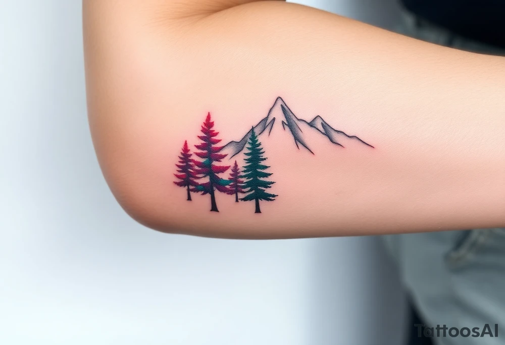 Lower forearm, trees with mountains in background, leaves on the trees are pink, purple, teal, red tattoo idea