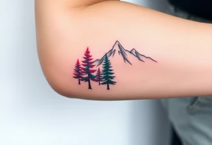 Lower forearm, trees with mountains in background, leaves on the trees are pink, purple, teal, red tattoo idea