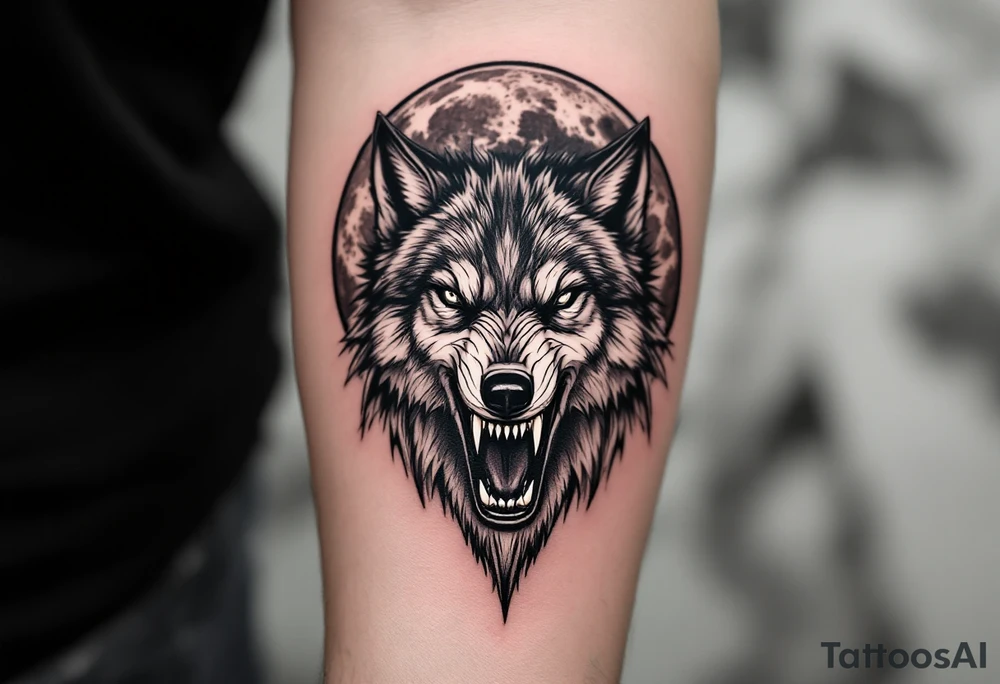 Realistic wolf head snarling with moon background tattoo idea