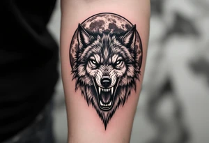 Realistic wolf head snarling with moon background tattoo idea