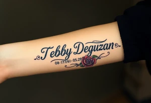 Tattoo of the exact name Debby Deguzman in chunky bold curly cursive with the exact dates of 08/17/61-05/29/25 surrounded by 1 hummingbird and 1 rose tattoo idea