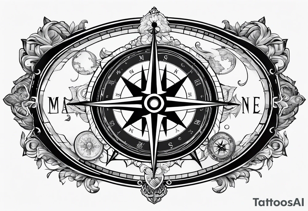 Compass with anchor and gps data and clouds tattoo idea