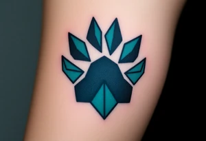 A geometric-style paw composed of sharp angular lines in shades of black and dark teal, creating a modern, edgy look with geometric heart tattoo idea