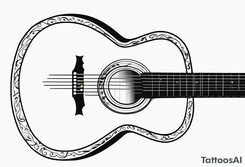 A minimalist guitar design, small in size, with clean lines and vintage detailing. The guitar represents a deep connection to music, with a classic, understated design that captures its essence without embellishments. tattoo idea