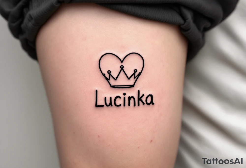 A minimal black line heart with a tiny crown above the name Lucinka. tattoo idea