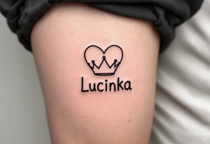 A minimal black line heart with a tiny crown above the name Lucinka. tattoo idea