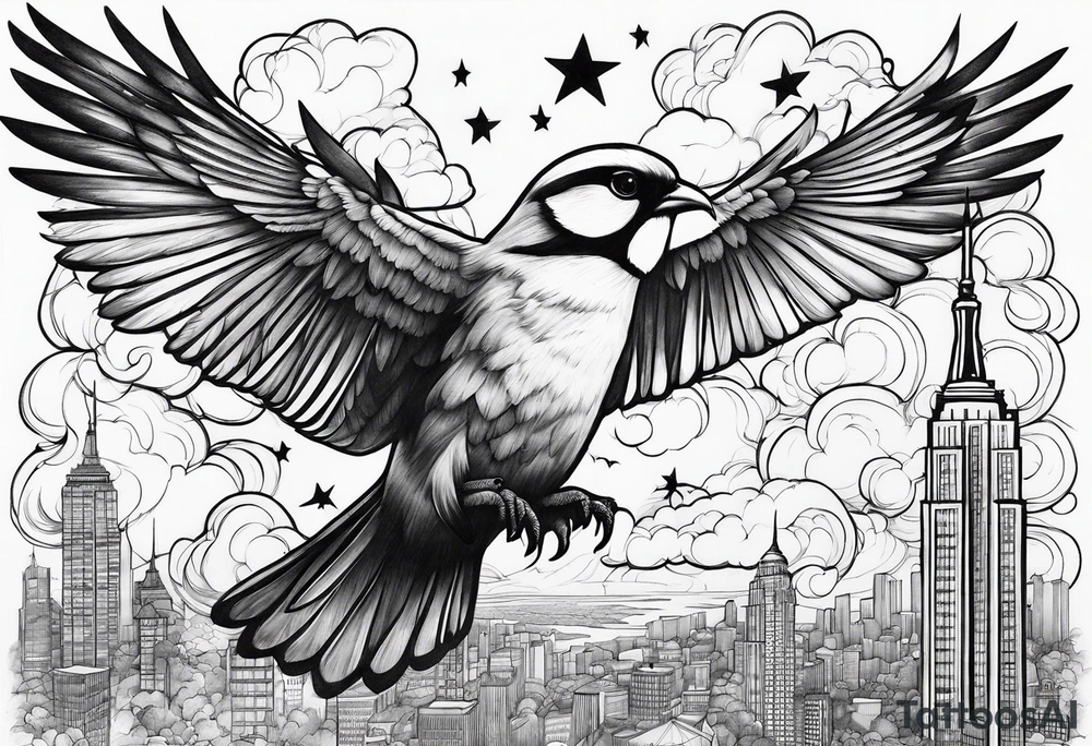 stars, clouds, birds, city tattoo idea
