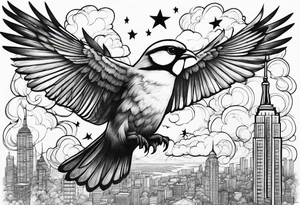 stars, clouds, birds, city tattoo idea