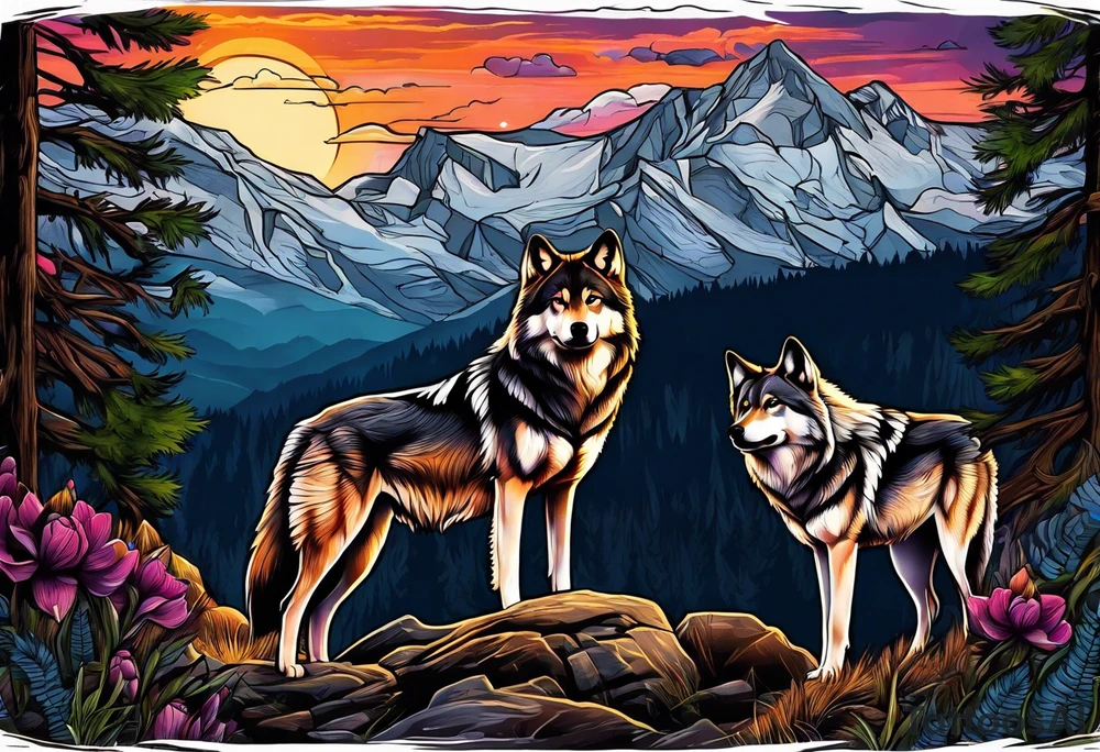 Wolves spouses
Dark woods
Mountains
Sunset tattoo idea
